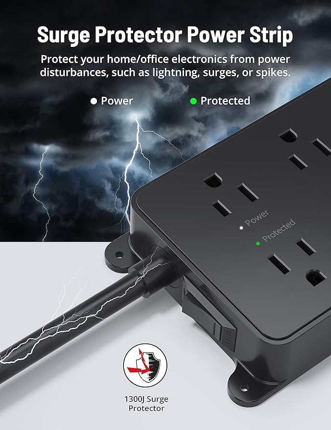 TROND Surge Protector Power Strip with USB, 10ft Extension Cord, ETL Listed, 5 Widely-Spaced Outlets with 3 USB Ports, 1300J, Low-Profile Flat Plug, Wall Mountable, 14AWG Heavy Duty, Black