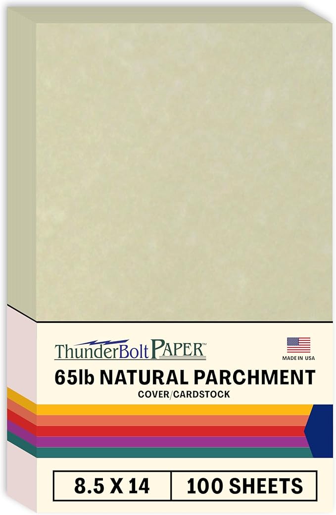 ThunderBolt Paper - 100 Natural Parchment 65lb Cover Cardstock Paper, 8.5x14 Inches, Legal/Menu Size, Printable Old Parchment Look