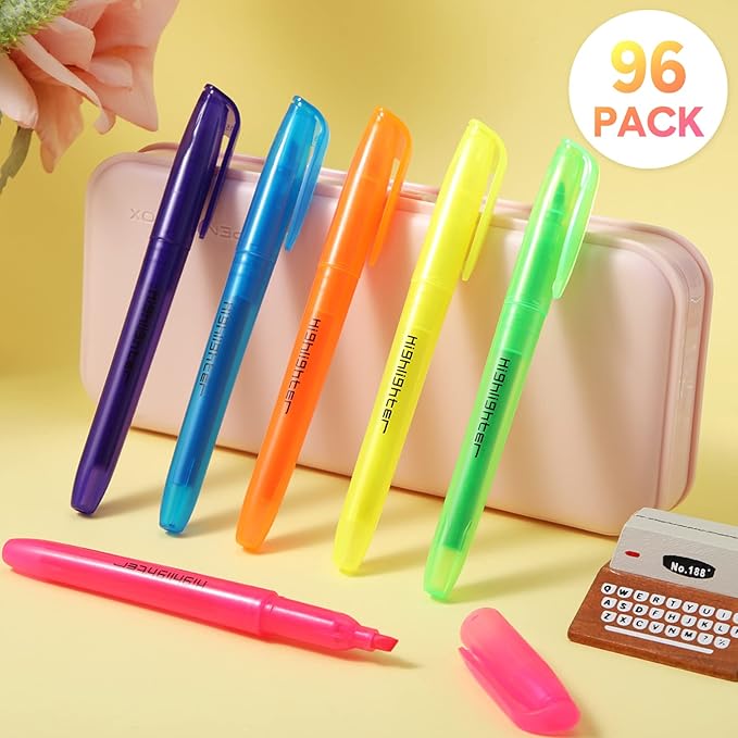 Thenshop 96 Pcs Highlighter Bulk Pack Assorted Colors Highlighter Markers Chisel Tip Fluorescent Pens for Office Classroom Back to School Supplies