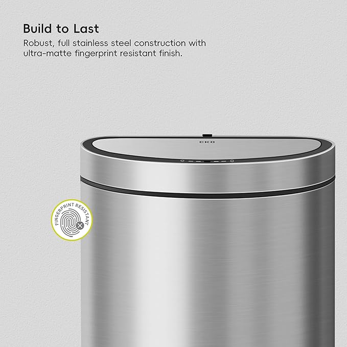 EKO Mirage Semi-Round Motion Sensor Trash Can, 47 Liter / 12.4 Gallon Automatic Large Kitchen Trash Can with Deodorizer Compartment, Removable Lid and Bucket, Matte Stainless Steel