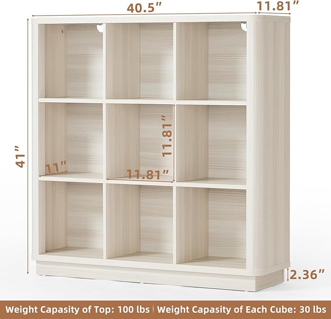 9 Cube Storage Book Shelf, 41" Tall Organizer Bookcase with Curved Edge, Wood Floor Standing 3-Tier Cubby Bookshelf with Base, Vintage Display Book Case for Bedroom, Office, White Cream Oak