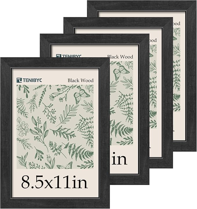 8.5x11 Picture Frame Black - 4 Pack, HD Tempered Glass, Elegant Wood Grain Photo Frame, Suitable for Certificate Document, Table or Wall Display