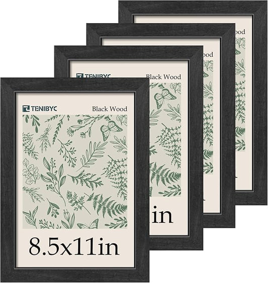 8.5x11 Picture Frame Black - 4 Pack, HD Tempered Glass, Elegant Wood Grain Photo Frame, Suitable for Certificate Document, Table or Wall Display