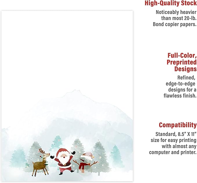 easykart labels Christmas Stationery Paper Letterhead Sheets 60 Pack Holiday Xmas Theme Design For Writing Letters Computer Office Notes & Printing Supplies Size 8.5" X 11"