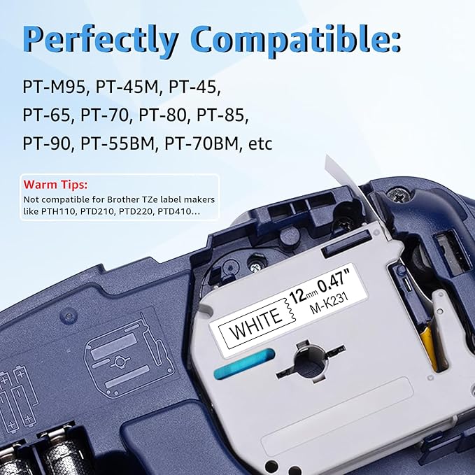 Compatible for Brother P-Touch M Tape M-K231 MK231 M231 MK-231 Black on White Label Tape 0.47" (12mm) x 26.2ft for PT-90 PT-M95 PT-70 PT-70BM PT-85 PT-80 PT-45 PT-65 Label Makers, 1 Pack