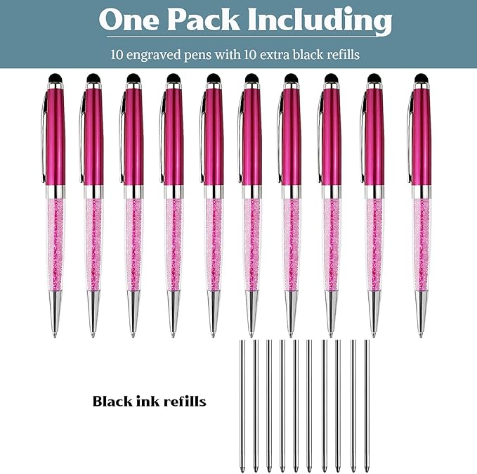 Ancolo Custom Personal Pens with Stylus Tip - Beautiful Smooth Writing Set Black ink refill - Engraved with Your Name or Message Gift for Women/Lady/Girl/Teacher/Manager/10 Pens/Box (Rose red)