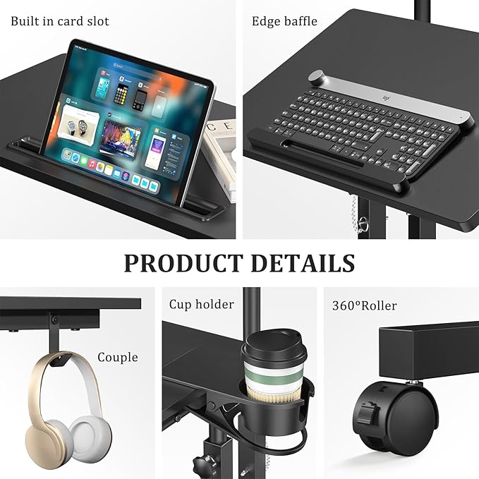 Small Standing Desk with Wheels, Mobile Stand Up Desk, Portable Standing Table on Wheels for Walking Pad, Rolling Computer Desk Adjustable Height, Tall Table
