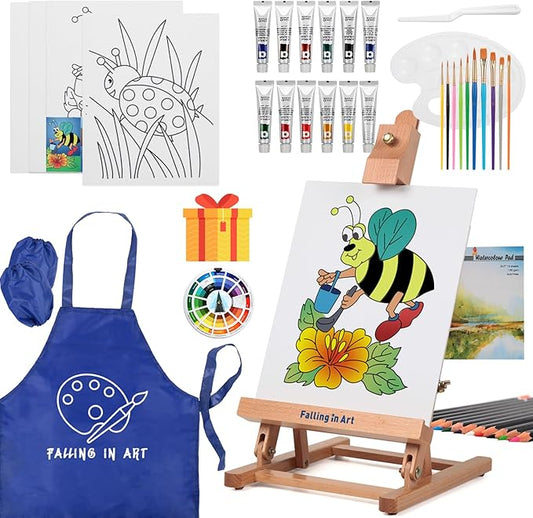 Falling in Art Painting Set for Kids with Table Easel-Acrylic Painting Starter Kit with Art Smock, 12 Acrylic Paints, 12 Water Soluble Colored Pencils, Paint Brushes, Canvas Panels and Watercolor Pad