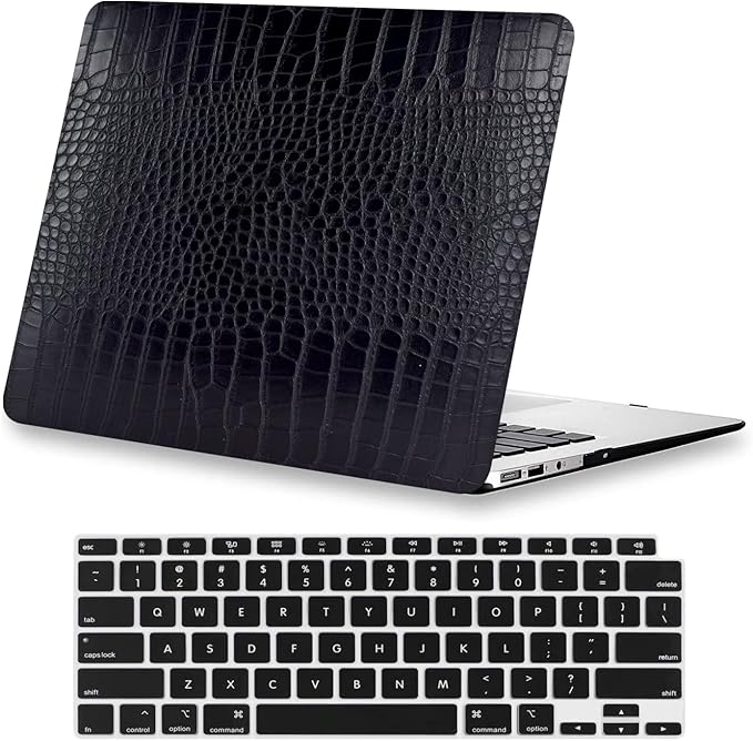 KEROM Compatible with Crocodile MacBook Air 13 inch Case 2021 2020 2019 2018 M1 A2337 A2179 A1932, Textured Elegant Luxury Aligator Skin Snakeskin PU Leather Hard Shell & Keyboard Cover, Black