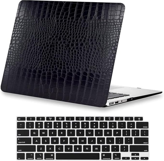 KEROM Compatible with Crocodile MacBook Air 13 inch Case 2021 2020 2019 2018 M1 A2337 A2179 A1932, Textured Elegant Luxury Aligator Skin Snakeskin PU Leather Hard Shell & Keyboard Cover, Black