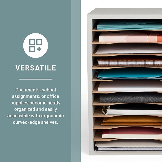 Safco Vertical Literature Organizer, 11 Compartments, Office and Classroom Mailbox with Adjustable Shelves, Wood Paper and Mail Sorter, Modern Gray