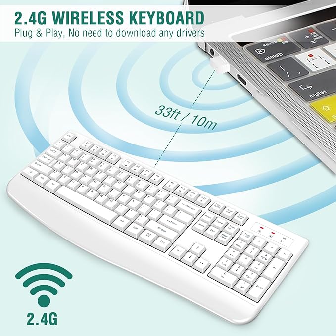 EDJO Wireless Keyboard, 2.4G Ergonomic Full Size Wireless Computer Keyboard with Wrist Rest for Windows, Mac OS Desktop/Laptop/PC（White）