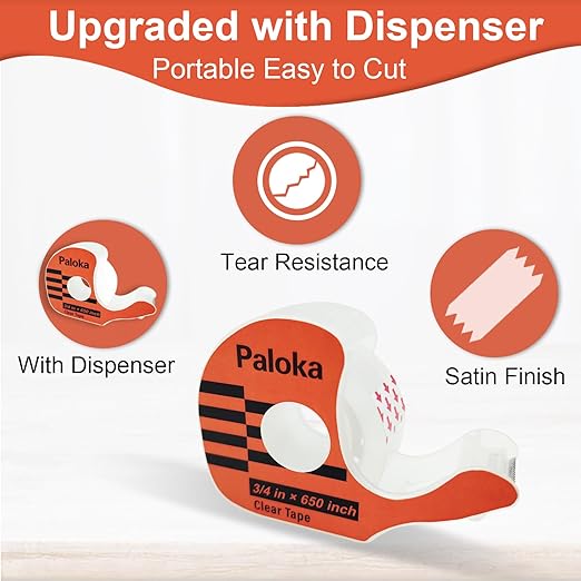 PALOKA Variety Pack Gift Wrapping Tape, 12 Rolls with Dispensers, Includes Invisible Tape, Double-Sided Tape, Clear Tape for Wrapping Paper, Back to School, Home, Office, Christmas, Holiday