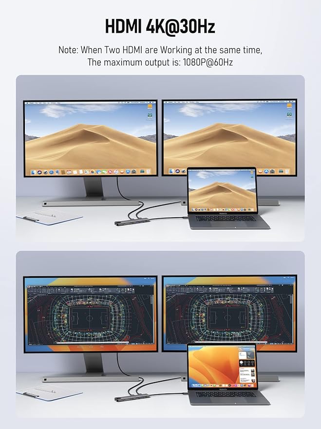 Aluminum Docking Station USB-C Hub with 2 HDMI, Gigabit Ethernet, 4 USB A, USB-C 3.0, PD 100W, SD/TF, 1000Mbps RJ45 LAN Dock Adapter for MacBook Docking Station Laptop, Supports 2 Monitor