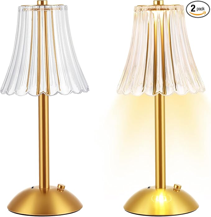 Liliful 2 Pcs LED Portable Cordless Table Lamp Touch Battery Operated Rechargeable Gold Desk Lamp 3 Color Dimmable for Bedroom Living Room Dining (Gold,Rose Style)