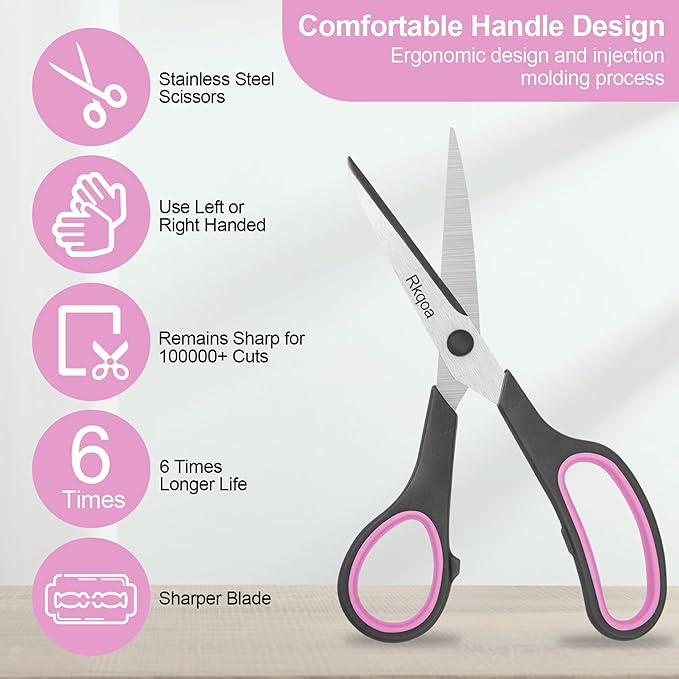 Scissors Bulk, Rkqoa 8" Scissors All Purpose 6 Pack Set- Comfort-Grip Sharp Shears for Office School Sewing Craft, Back to School Supplies, Classroom Must have, Teacher/Class Everyday use
