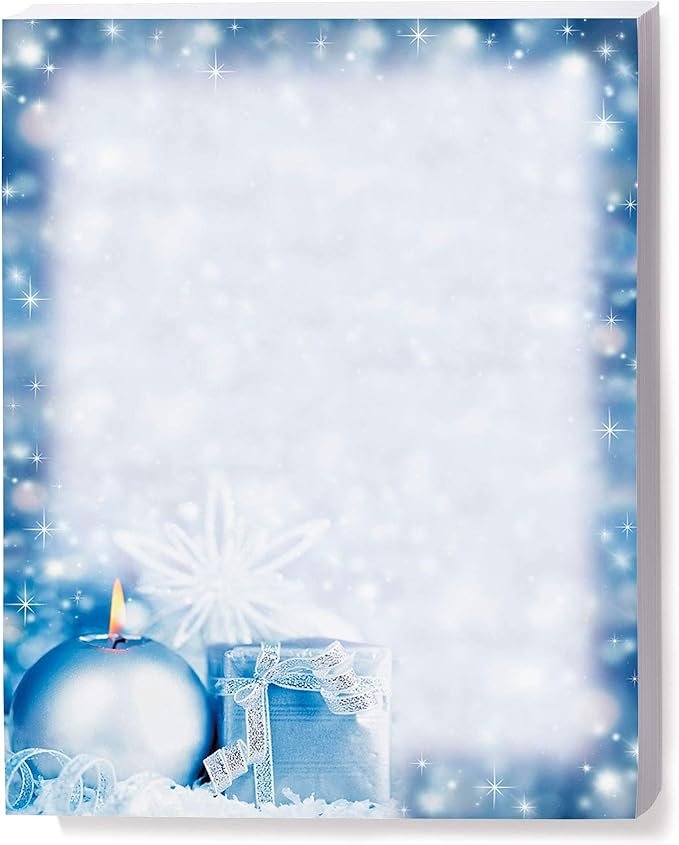 PaperDirect Snowy Candlelit Christmas Papers, Holiday Stationery with Blue Sparkling Border, Candle, Gift and Snowflakes, 8.5 x 11, Acid-Free, Ideal for Letters, Flyers, Cards, 25 Sheets