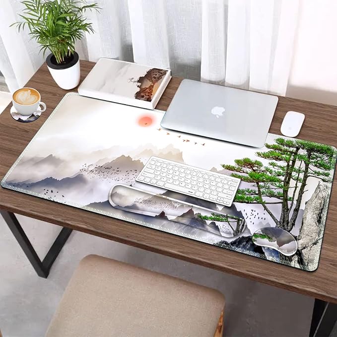 AIMSA Large Gaming Mouse Pad Set, Keyboard Wrist Rest Support + Extended Mouse Pad + Mouse Wrist Cushion + Coaster, Ergonomic Memory Foam Desk Mat 35x15.7in Anti-Slip Base (Pine Tree Mountains)
