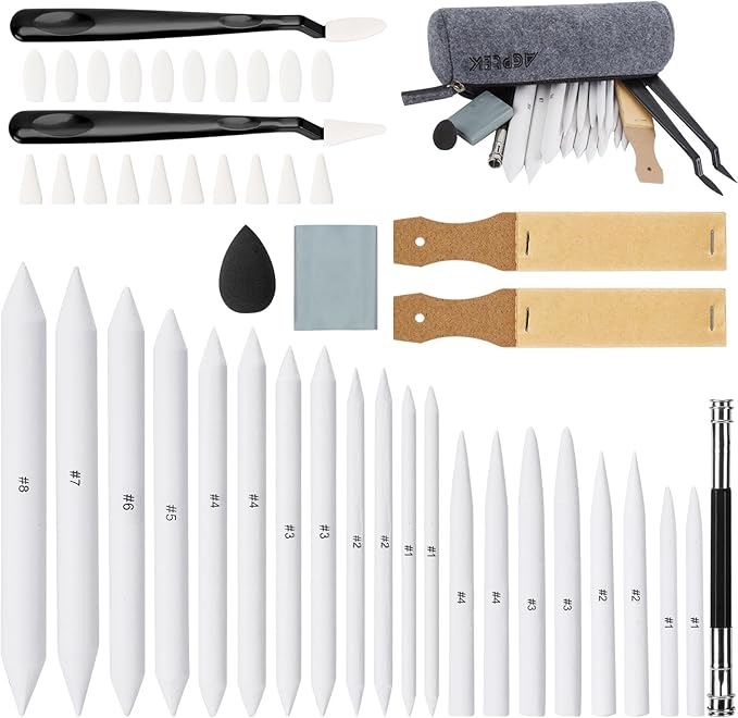 AGPTEK 48 PCS Sketch Drawing Tools, 20 Blending Stumps Set and 2 Sandpaper Pencil Sharpeners, Pencil Extension, Erasers,20 sponge replacement heads & 1 Felt Bag for Student Sketch Drawing Accessories