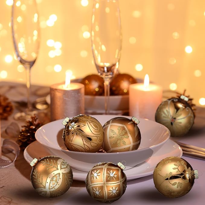 6 Pcs 3.15 Inch Glass Luxury Christmas Ball Bronze and Gold Ball Ornaments Glass Christmas Tree Decorations Luxury Hanging Ornaments for Xmas Tree Party Holiday Decor