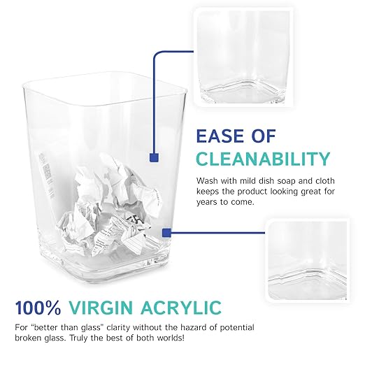 Huang Acrylic Clear Square Wastebasket Trash Can | Garbage Container Bin for Bathrooms, Kitchens, Home Offices | Shatter-Proof, Stylish, Durable and Compact Design