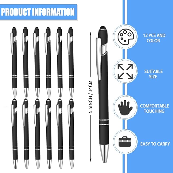 12 Pcs Blue Ink Ballpoint Pen with Stylus Tip, 1.0 mm Metal Pen Stylus Pen for Touch Screens, 2 in 1 Thank You Pen Gift for Friends, Colleagues, Coworker, Office, Family (Black)