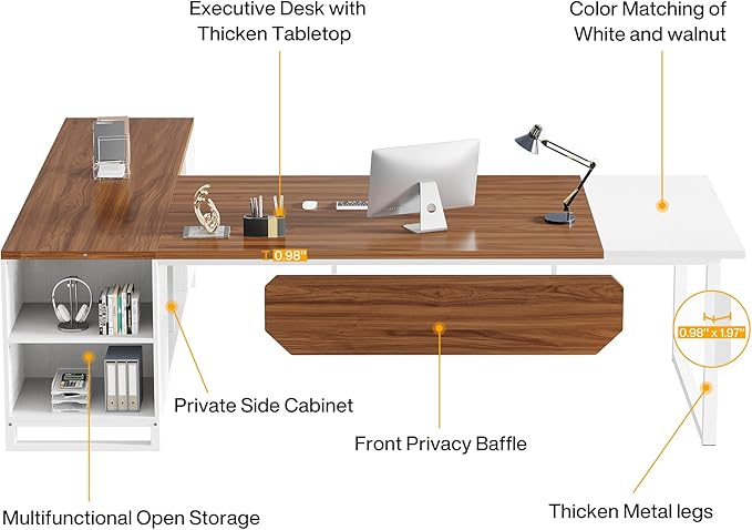 Tribesigns 70.8" L-Shaped Executive Desk with 55" File Cabinet, Large Home Office Computer Desk with Storage Shelves and Cabinet, Modern Business Furniture Set Home Office, Walnut White