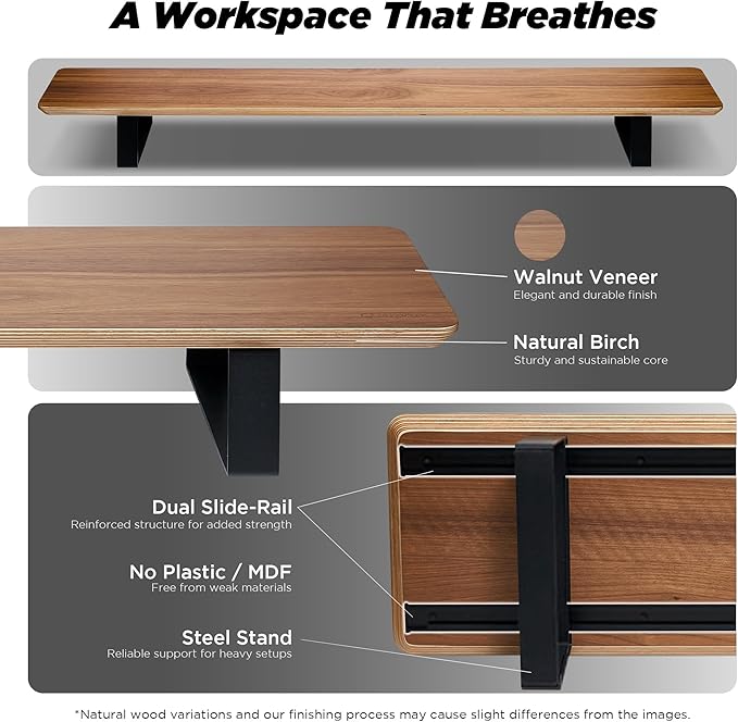 Moodular Wooden Monitor Stand 45.6” (116cm) Large Desk Organizer with Metal Slide Rails for Drawer, Tray, Laptop, Tablet, Phone & Headphones Customizable Riser for Organized Workspace Walnut