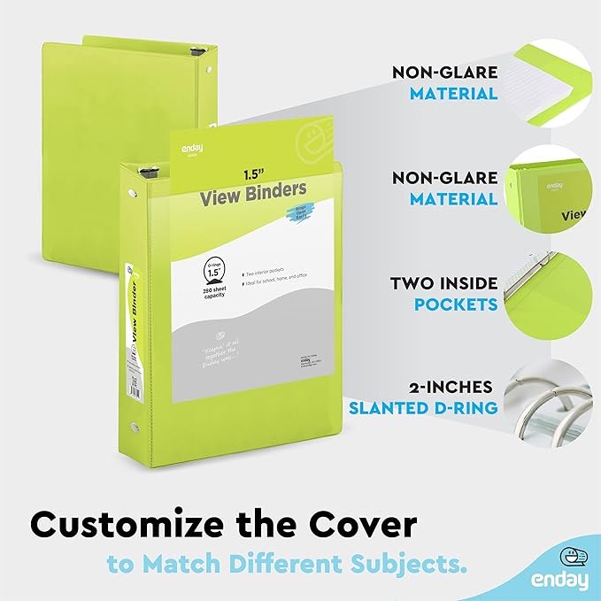 3 Ring Binder 1.5 Inch Green, 1 ½ inch Binder Clear View Cover with 2 Inside Pockets, Colored School Supplies Office and Home – by Enday