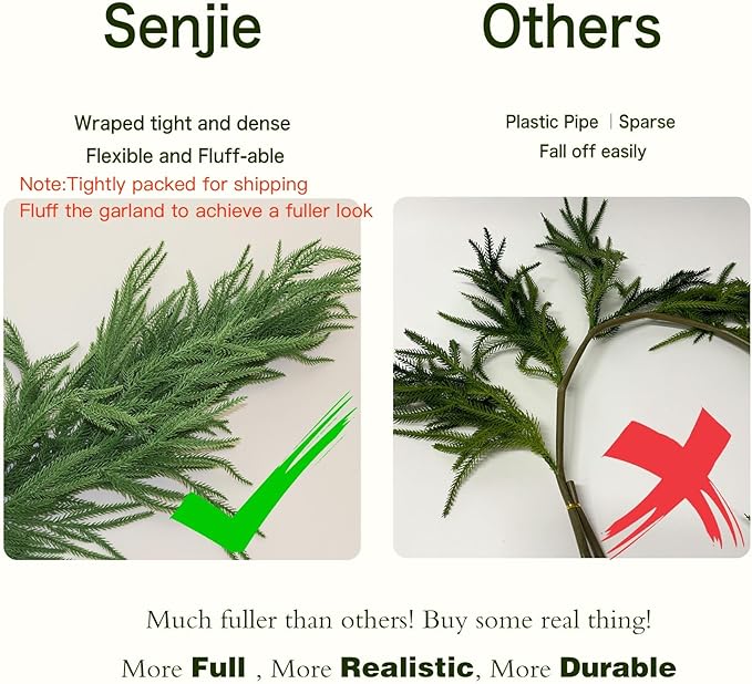 12FT Christmas Garlands Norfolk Pine Garland Real Touch Artificial Faux Greenery Garland for Holiday Indoor Outdoor Decor
