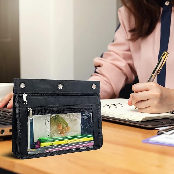 YoeeJob 1 Pack Pencil Pouch for 3 Ring Binder, Expandable Binder Pouches with Zipper, Large Capacity Pen Holder Case with Clear Window School Class Office Organizers, Black