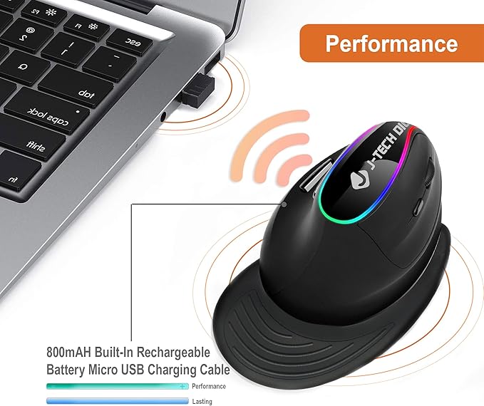 J-Tech Digital Ergonomic Mouse with Wireless Connection, Removable Palm Rest, Thumb Buttons, Rechargeable Battery, 800 DPI, Compatible with Windows and MAC OS