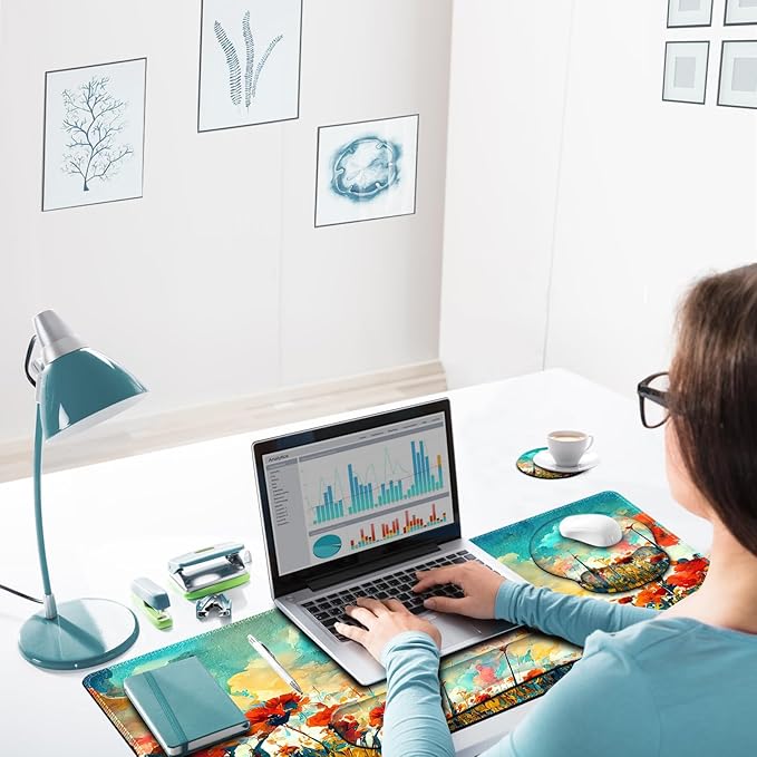 ARTSO Desk Mat, Large Gaming Mouse Pad Wrist Support Set, Ergonomic Keyboard Wrist Rest Desk Pad with Coaster Combo, Extended Mousepad with Non-Slip for Home Office, Oil Painting Flowers Plants