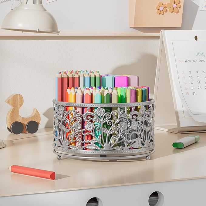 EKNITEY Pencil Pen Holder For Desk - Rotating Pencil Cup Organizer Cute Desktop Caddy with 4 Slots for Art Supplies School Home