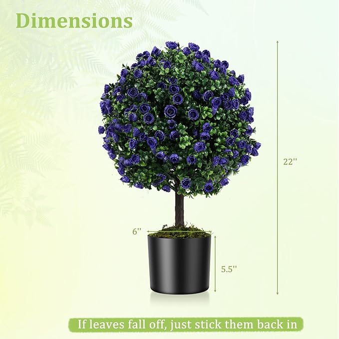 Goplus 22'' Artificial Purple Rose Topiary Ball Tree, Set of 2 Faux Potted Plants Artificial Shrubs Bushes with Flowers, Fake Evergreen Boxwood Topiary for Indoor Outdoor Home Front Porch Decor