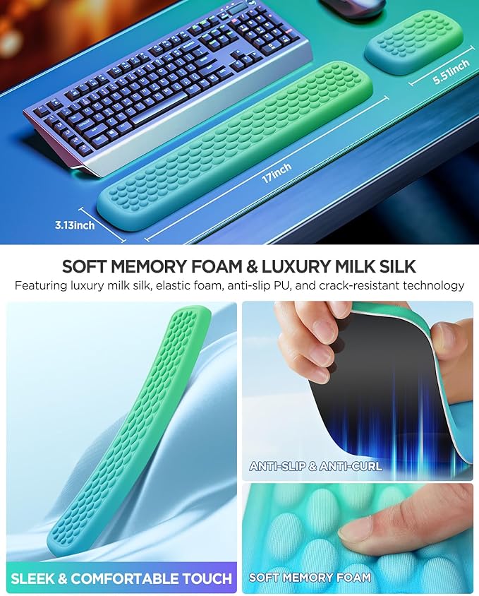 Lekvey Keyboard Wrist Rest, Silky Memory Foam Wrist Rest for Computer Keyboard, Mouse, Ergonomic Massage Design for Typing Pain Relief, Desk Pads Support Hand and Arm, Stain Resistant, Green Blue