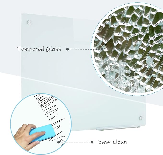 Magnetic Dry Erase Glass WhiteBoard - Frameless Wall Mounted Glass White Board for School Teaching Office Meeting 24"x36"