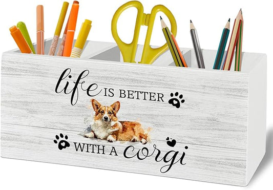 Corgi Gifts Pen Pencil Holder Organizer for Desk Accessories, Life Is Better With a Corgi Wooden Box Sign Desk Decor for Home Office Decoration, Dog Mom Lovers Owner Gifts for Women