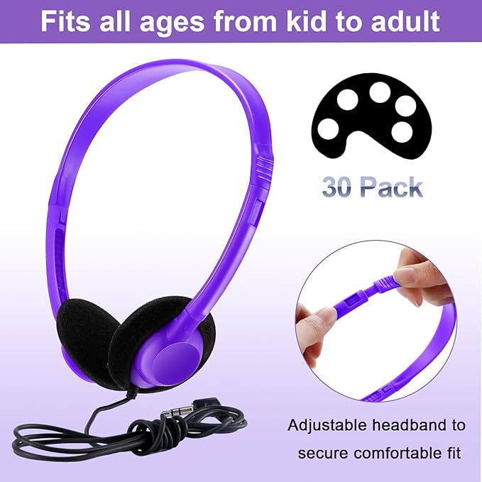 Yunsailing 30 Pack Class Set Headphones for Students Bulk School Headsets Earphones with 3.5mm Jack Classroom Must Haves Teacher Supplies for Adults Laptop Computer(Purple)