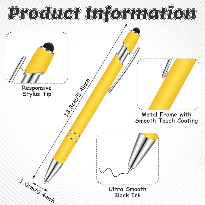 12 Pieces Ballpoint Pen with Stylus Tip, 1.0 mm Black Ink Metal Pen Stylus Pen for Touch Screens, 2 in 1 Stylus Ballpoint Pen (Yellow and Silver)