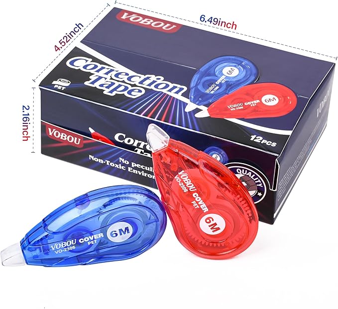 White Correction Tape, Easy To Use Applicator for Instant Corrections Wrong Writing At Any Time, For school, Office (Red and Blue, 12pack, 6M/256" x 0.2")