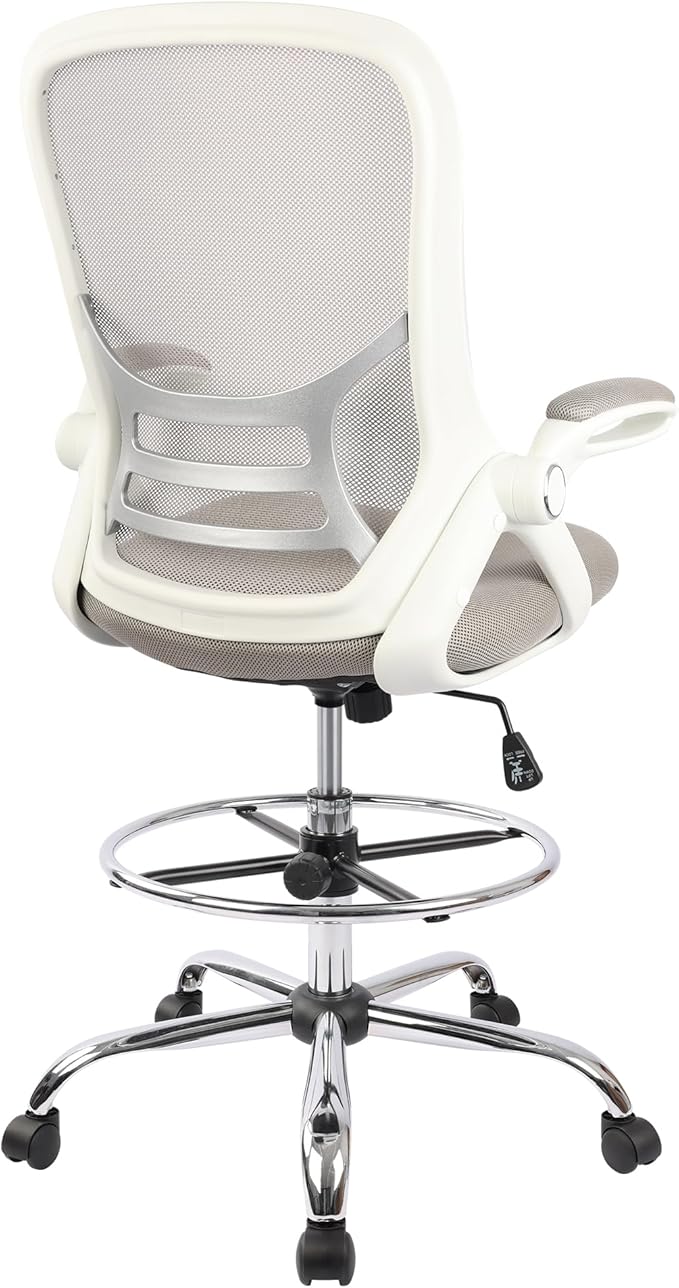 HYLONE Drafting Chair, Tall Office Chair Standing Desk Stool with Adjustable Foot Ring, Flip-Up Arms, Mesh High-Back Drafting Table Chair, White & Grey