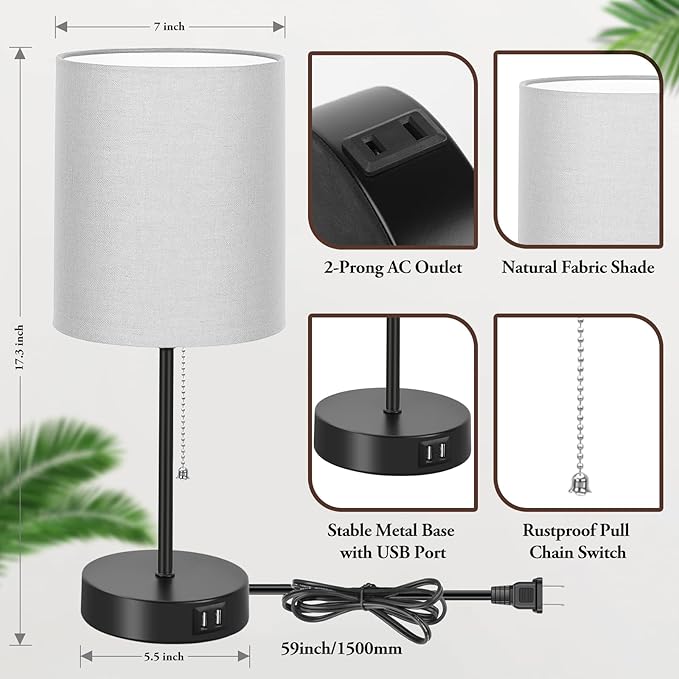 17.3’’ Table Lamps Set of 2 with 2 USB & AC Outlet, Bedside Nightstand Lamps for Bedroom Living Room Kid’s Room, Desk Lamp with Pull Chain Switch & Fabric Shade for Office Reading Nursery, Grey