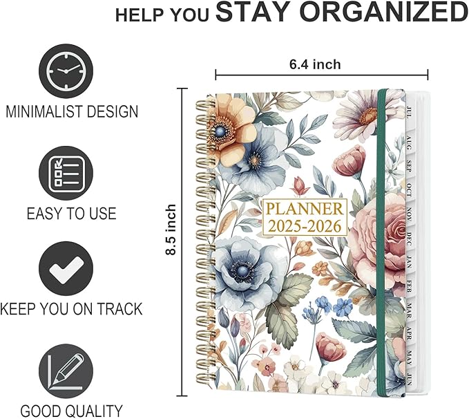 Planner 2025-2026 - Weekly & Monthly Planner from July 2025 to June 2026, Agenda 2025 2026 with Inner Pocket, Elastic Band, 6.4" x 8.5", Colorful Large Flower