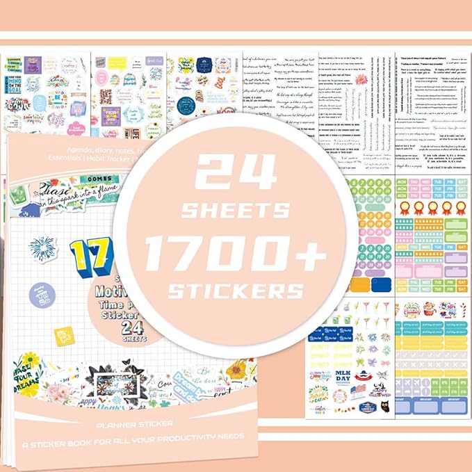 1700+ Planner Stickers Book, 24 Sheets Waterproof Repositionable Stickers for Journal, Bullet Planner, Scrapbook & Calendar, Functional Decorative Sticker Set & Gift (Inspirational Time)
