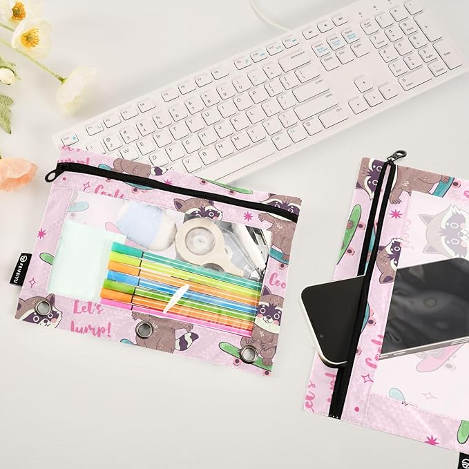 ZAZYXTJ Raccoon Binder Pencil Pouchs 3 Ring with Zipper Clear Window Office Organizers bag for School Students Teacher Supplies 2 Pack