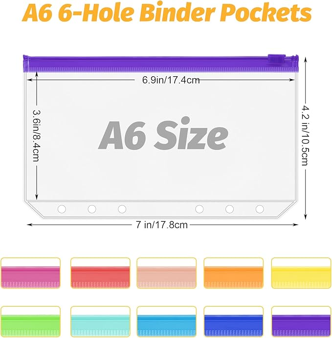 Antner 30PCS A6 Binder Pockets 6-Hole Budget Binder Inserts, 10 Assorted Color Zipper Pouch Folders Cash Stuffing Envelopes for Budgeting, Loose Leaf Filling Bags Money Organizer for A6 6-Ring Binders