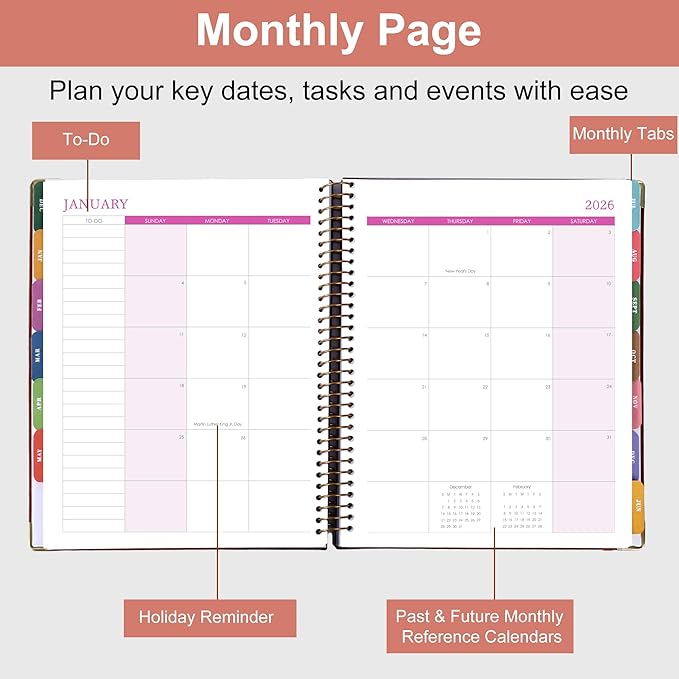 2026 Planner, Weekly and Monthly Calendar Planner Book,Dec 2025 - Dec 2026, Leather Hardcover Spiral Planner with Monthly Tabs, Notes Pages, Perfect for Women & Men, A4 (9.6" x 11.2") - Pink
