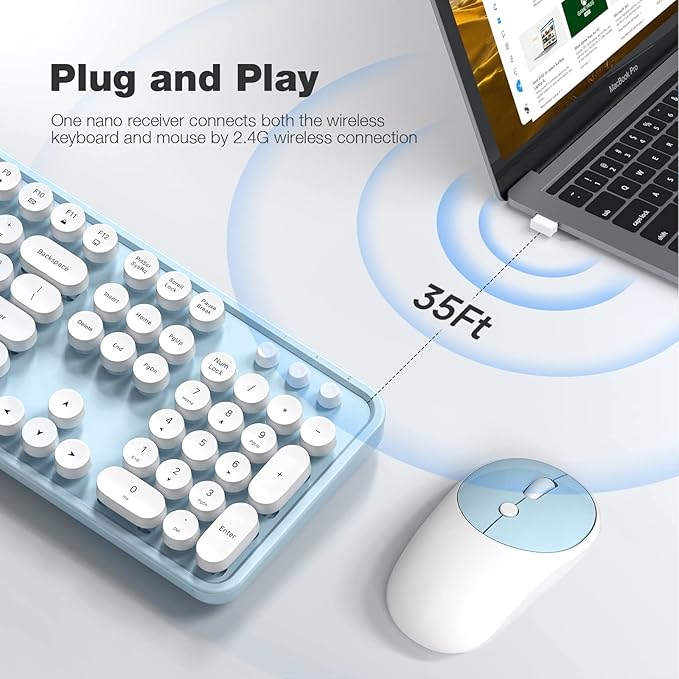 Wireless Keyboard and Mouse, Typewriter Full Size Keyboard with Number Pad and 2 in 1 USB Connected Mouse for Mac, Windows 7/8/10, Laptop, Desktop, PC, Computer (Blue-White)