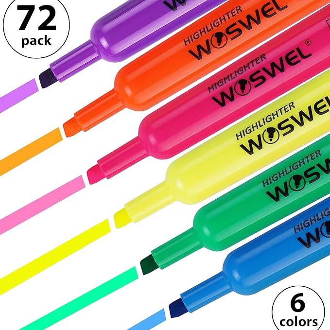 Highlighters Bulk, 72 Pack Tank Style Highlighters Assorted Fluorescent Colors Set, 6 Bright Colors Chisel Tip Highlighter Markers for Kid and Adult Coloring, Highlighting as School Supplies